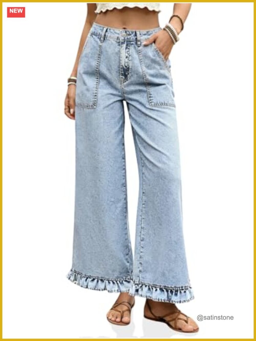 Womens Cropped High Waisted Baggy Wide Leg Ruffle Hem Denim Jeans